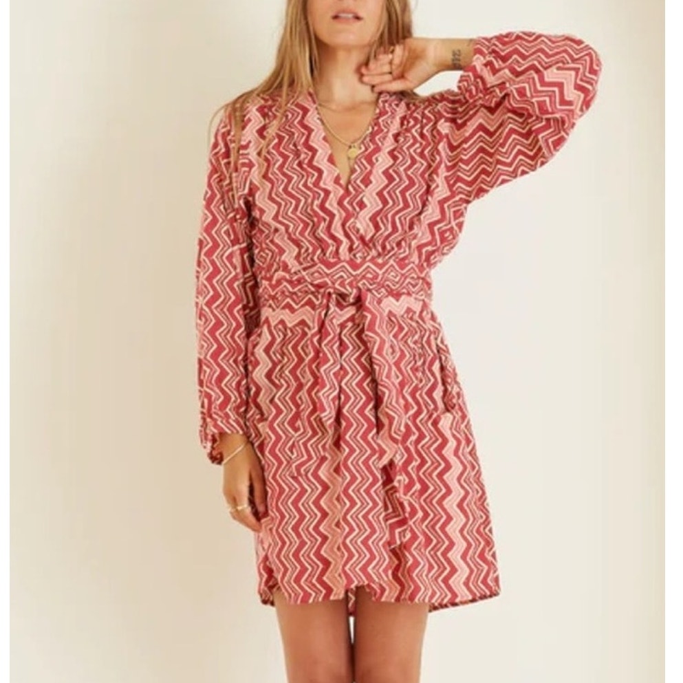 Natalie Martin Nico Ls Mini Hand Dyed Batik Wrap Dress Pink Red M